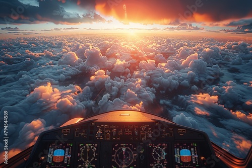 Cockpit view flying through sunset clouds, sky, and atmosphere during air travel photo
