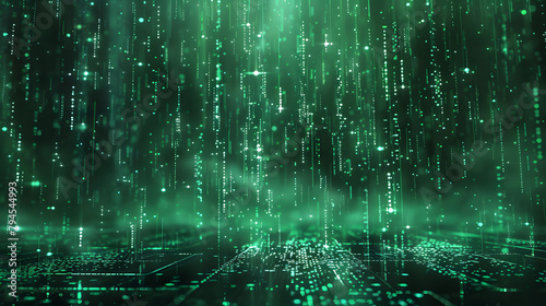 a digital rain of green binary code cascading down a dark black background, with a sense of movement and flow of information, symbolic of the digital age. image for big data concept background