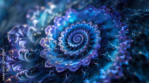 Beautiful fractal patterns in cool blue and purple, representing the beauty and complexity of algorithms, mathematical precision, great detail. image for abstract background
