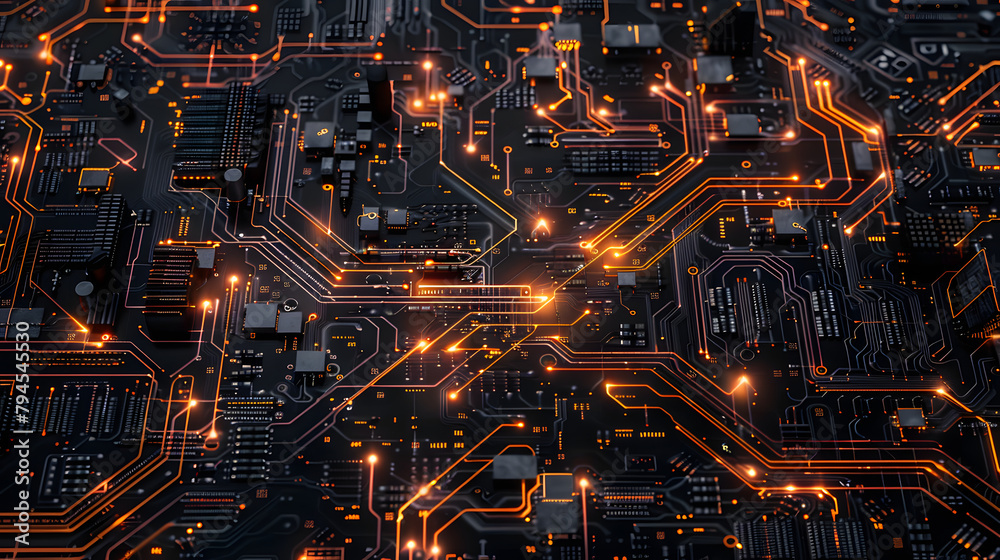 futuristic digital circuit board with glowing circuit traces, electronic components. a symbol of the digital era, very detailed and realistic. image for digital abstract background