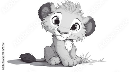 Adorable baby lion 2d character designed for a children s coloring book featuring the cute lion in a charming black and white style