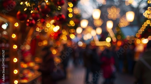 A sea of blurred decorations and bustling crowds create the perfect backdrop for the festive excitement of a Christmas market where holiday cheer is in full swing. .