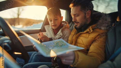 Young family in a modern electric car, discussing the map, curious and engaged, sun setting on the horizon, styled as soft-focus with golden hour lighting.