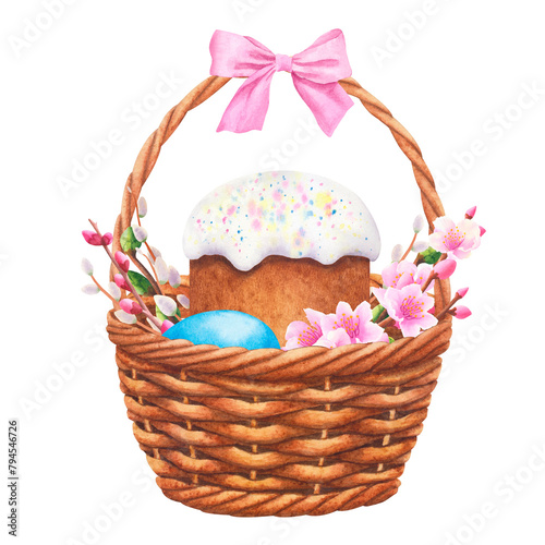 Wicker basket with Easter cake, eggs, pink bow, branches and flowers on a white background. Hand drawn watercolor illustration. For design, cards, invitations, congratulations, packaging, printing