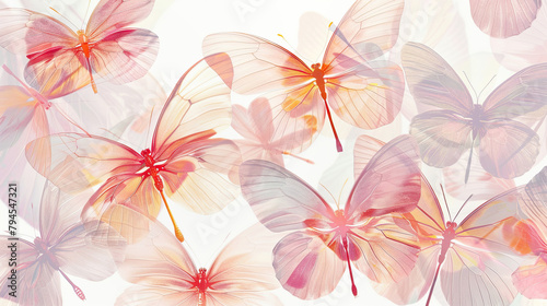 Translucent Orange and Pink Butterflies on White Background