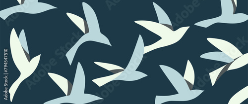 Art background with birds in flight. Vector animalistic banner for design of poster, decor, print, wallpaper, textile, packaging, interior design.