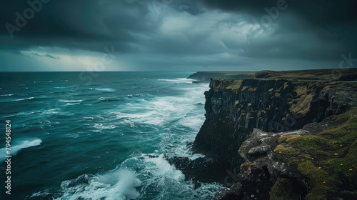 A dramatic cliff overlooking the ocean with waves crashing below and a stormy sky above