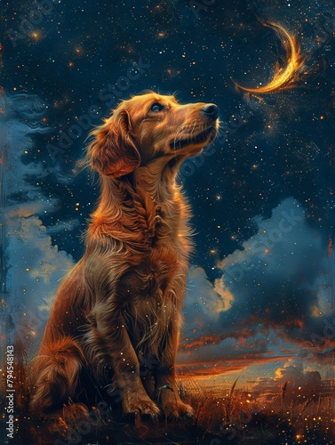 An adorable dog with golden fur looking up at the moon in the night sky. They are possibly in heaven. 