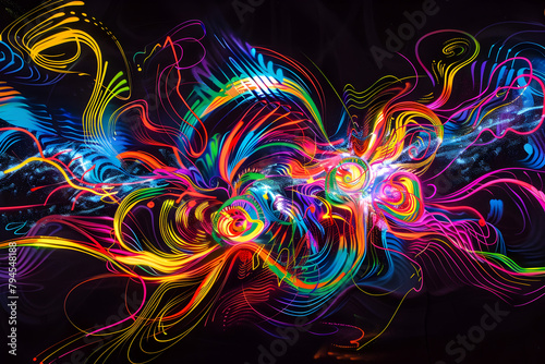 Vibrant neon abstract art with swirling patterns and light beams. Colorful masterpiece on black canvas.