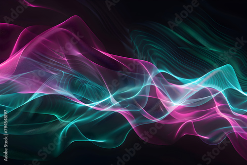 Dynamic neon waves with turquoise and pink glowing gradients. Abstract composition on black backdrop.