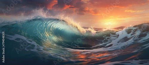 At sunset, a large wave breaks in the ocean under a colorful sky