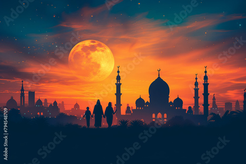Ramadan Kareem background. Religion Holy Month. Caligraphy. Light moon. Clouds. Temple with domes. Old Muslim city. Cover, banner for design. Vector illustration. EPS 10