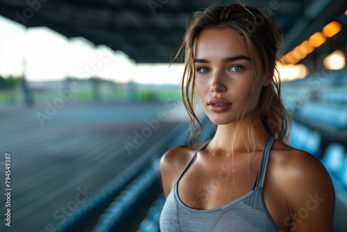 Young fit beautiful woman posing at the stadium