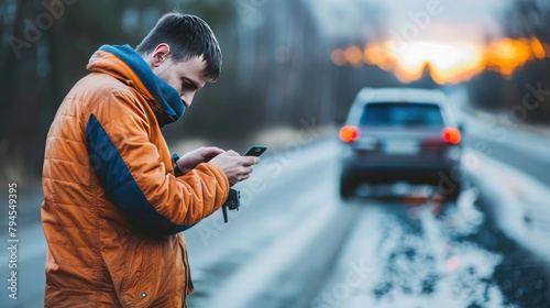 Man texting for roadside assistance after vehicle broke down photo