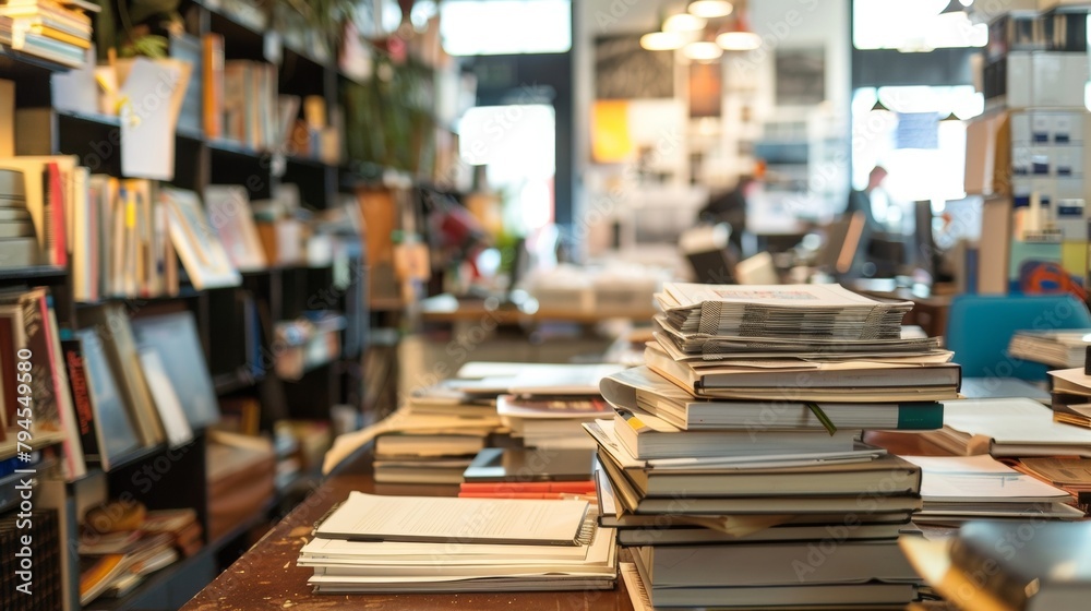 Defocused view of a bustling Architects Office with stacks of papers and books tered about giving a sense of creative chaos. . Defocused view of a bustling Architects Office with stacks of papers and books tered about giving a sense of creative chaos. .