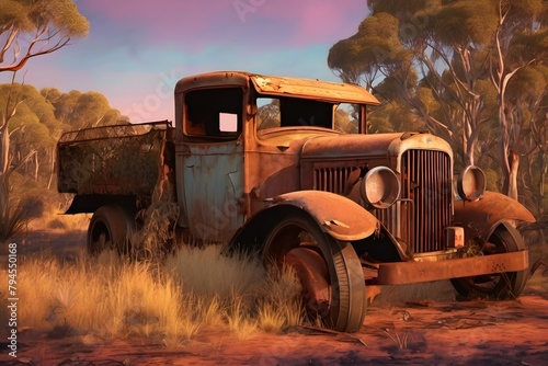Forgotten relic: A 1920s truck rusts away in the vastness of the Australian Outback, a silent witness to time's passage. Pub menu decoration
