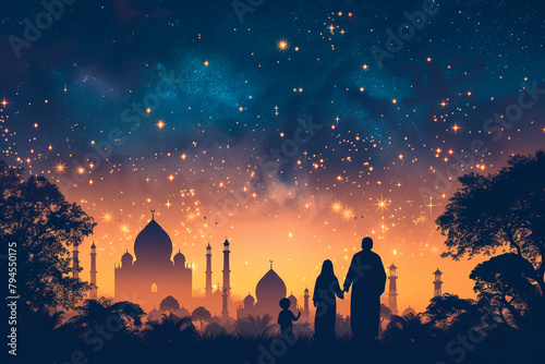 Ramadan Kareem background with prayer and Mosque dome with twilight dusk sky,Silhouette Muslim man making a supplication(salah),Vector symbolic for Islamic religion,Eid al-Adha,Eid Mubarak,Eid al fitr photo