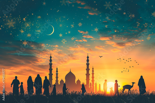 Ramadan Kareem background with prayer and Mosque dome with twilight dusk sky,Silhouette Muslim man making a supplication(salah),Vector symbolic for Islamic religion,Eid al-Adha,Eid Mubarak,Eid al fitr