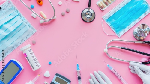 Medical check up concept. Top view medical equipment on pink background. Flat lay surgical mask, stethoscope, pills, syringe, thermometer, gloves and clipboard. Medical banner design template