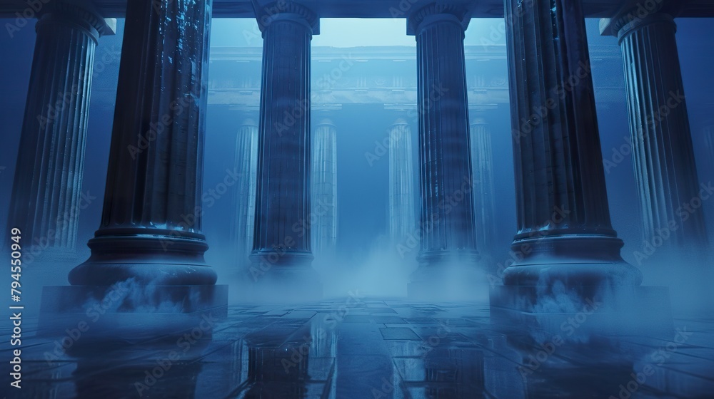 Illustration of large Greek temple style columns in blue tones with a soft mist between the pillars. Large monumental columns in empty space.