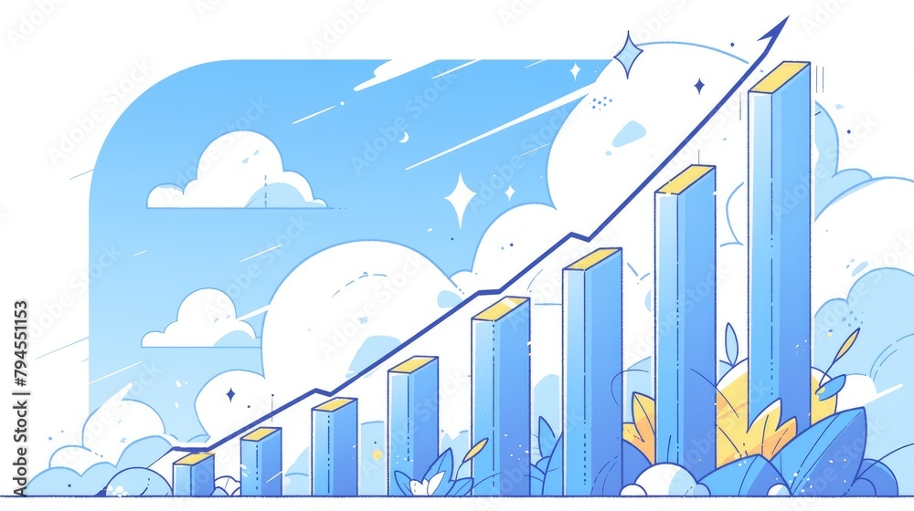 Elevate your design with a dynamic comic style bar graph icon that is bursting with growth featuring an arrow 2d in a lively cartoon illustration