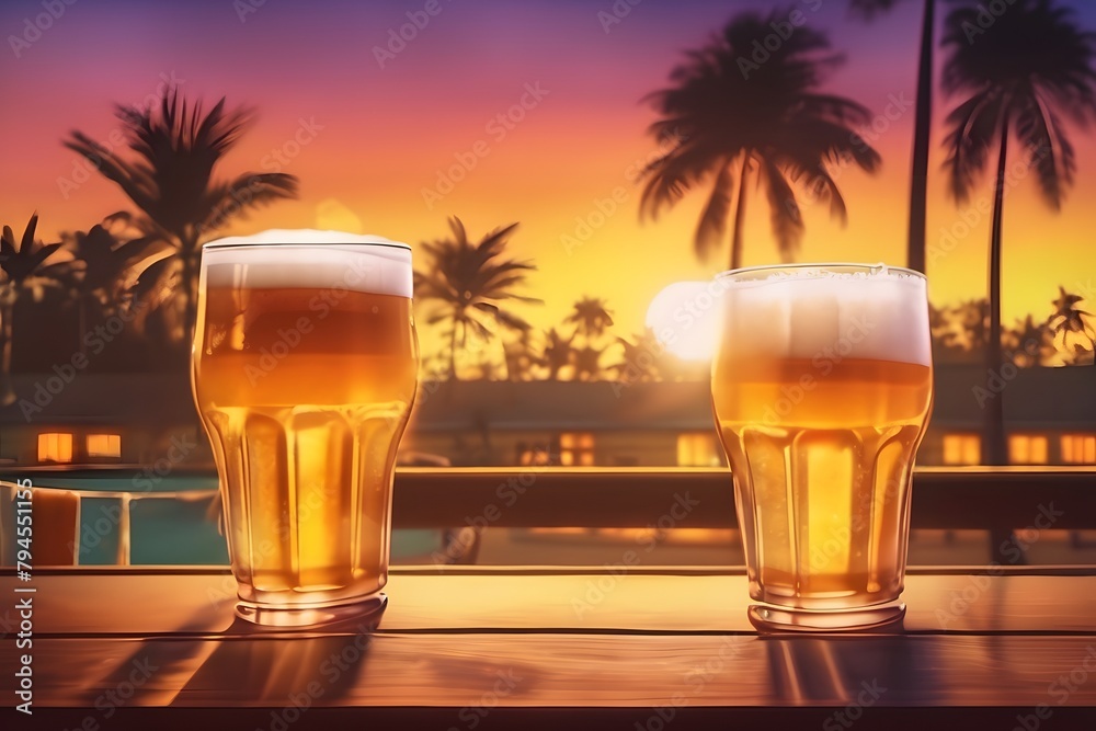 Two frosty beers chilling on a rustic bar table against a tropical backdrop, palm trees swaying in the breeze. suitable for menu or bar decoration - obrazy, fototapety, plakaty 
