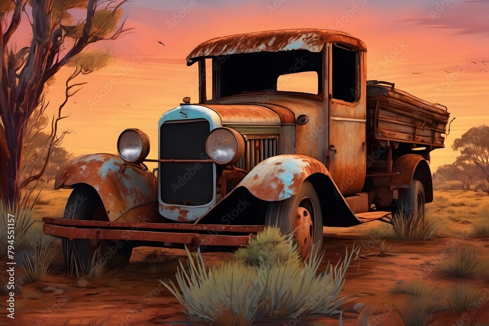 Forgotten relic: A 1920s truck rusts away in the vastness of the Australian Outback, a silent witness to time's passage. Pub menu decoration - obrazy, fototapety, plakaty 