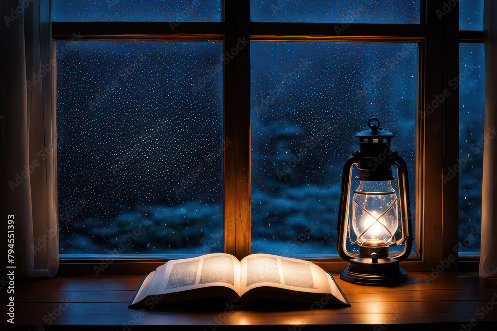 Illustration de journal de souvenirs. Vue des gouttes de pluie mouillant la fenêtre en bois avec un éclairage tamisé de lanterne et un livre ouvert usé - obrazy, fototapety, plakaty 