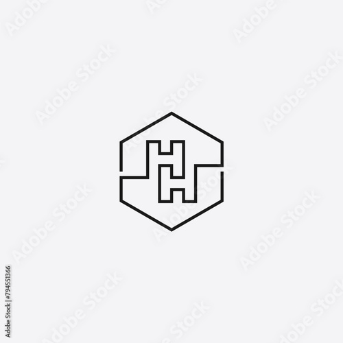 H and H logo. Double H logo. HH monogram logo inside hexagon frame. Black white.