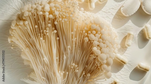 overhead flat lay view of lions mane mushroom with vitamin supplement tablets photo