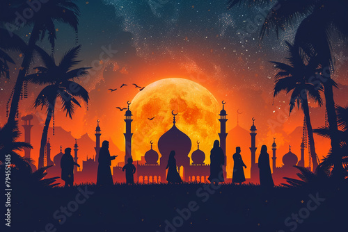 Professional photography Ramadan card with temple silhouettes background ornate text and cheerful human characters of muslim family members #794551585
