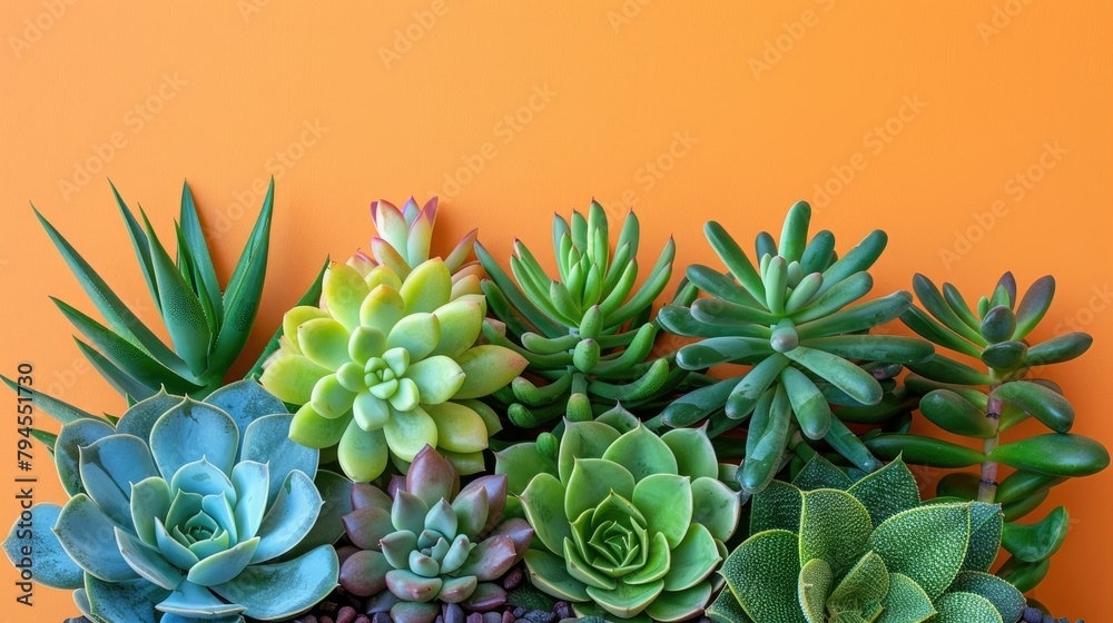 Fototapeta premium An assortment of succulents and cacti in a container against a bright orange backdrop Soft hues Exotic foliage