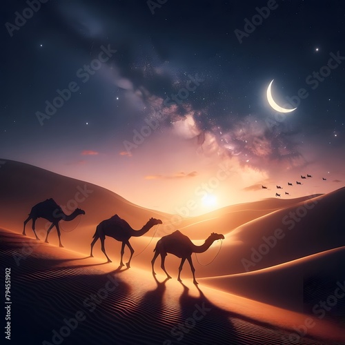 Wild Camels in the desert at night