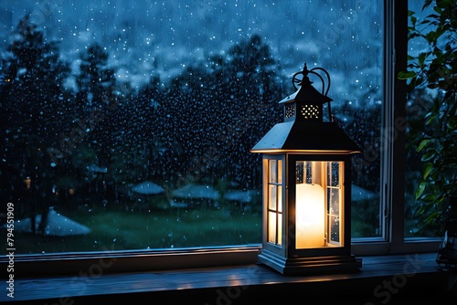 Illustration de nostalgie des souvenirs avec son amoureux alors que la pluie mouille la vitre avec un éclairage de lanterne photo