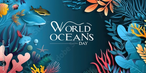 Journée mondiale des océans. Illustration de carte de vœux mignonne esthétique 2024. photo