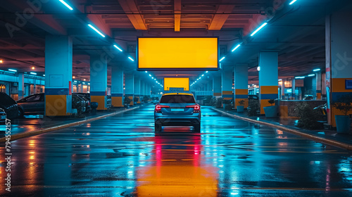 A frontal view of a lower-set billboard inside an indoor parking area, with a car parked 