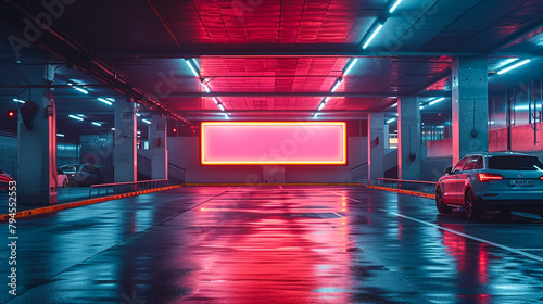 Parking garage underground interior with blank billboard photo
