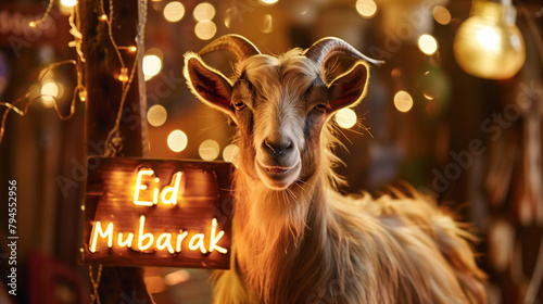 A goat standing next to a eid mubarak neon sign, Qurban, Eid al adha, kurban Bayramı, ramadan, islamic, muslim religious festival  concept photo