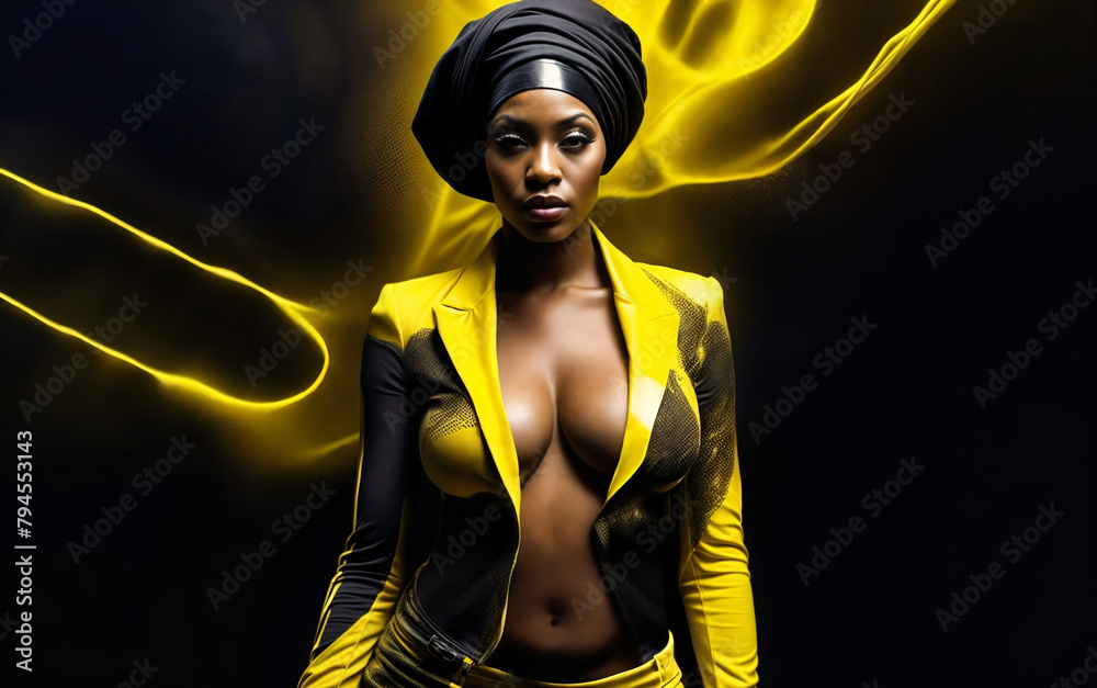 African american model with an afro and yellow suit with deep cleavage poised amidst a backdrop of flowing fluid-like fabric - obrazy, fototapety, plakaty 