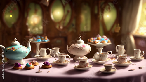 A fairy sized tea party scene with tiny tables, teacups, and desserts. Generative Ai