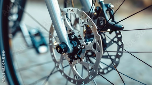 Part of the bicycle's braking system. Grey metal brake disc and brake pads on road bike, close up. © Alizeh
