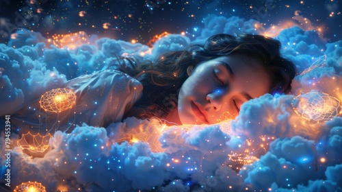 A person sleeping on a bed of clouds surrounded by floating dreamcatchers symbolizing the idea of dream interpretation as a means of capturing and filtering out negative thoughts photo