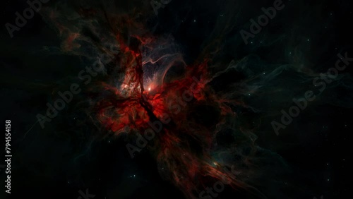 Red Hydrogen Nebula with hot glowing proto stars in deep space star field. 3D animation wide shot of the birth of stars and the theory of Big Bang. Hot plasma ignites solar fusion. photo