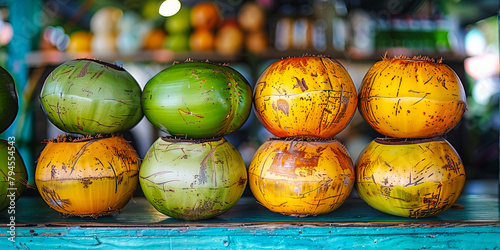Coconuts in varying ripeness stages on a tropical market stall photo