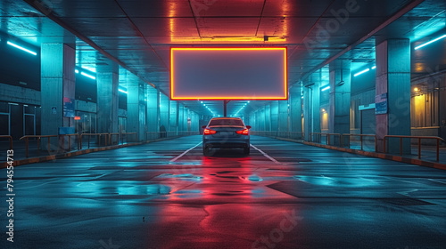 Blank white advertisement board on the wall in public parking area space