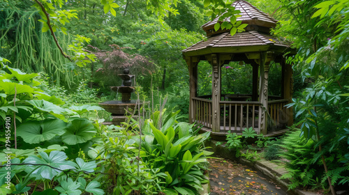 A hidden pavilion surrounded by lush greenery. Generative Ai