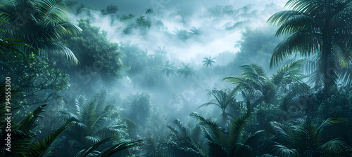 A misty and mysterious jungle oasis with lush green foliage and exotic trees  creating a serene and tranquil atmosphere. Suitable for nature and fantasy-themed illustrations.