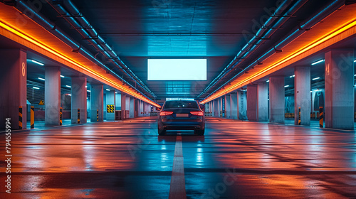 A frontal view of a lower-set billboard inside an indoor  directly in front of it photo