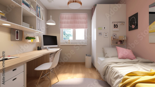 teen girl's room, ikea, area 14m2, bed, desk and large closet, a lot of light © MALIK
