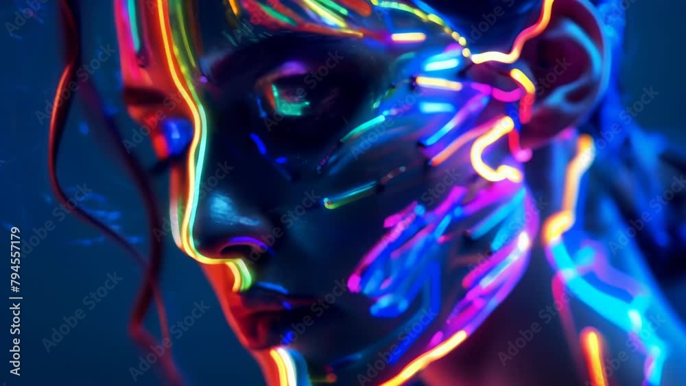 Striking portrait of a woman's face adorned with vivid neon colors and abstract elements. Luminous pink, blue and yellow hues create an electrifying, futuristic aesthetic. Striking portrait of a woman's face adorned with vivid neon colors and abstract elements. Luminous pink, blue and yellow hues create an electrifying, futuristic aesthetic.